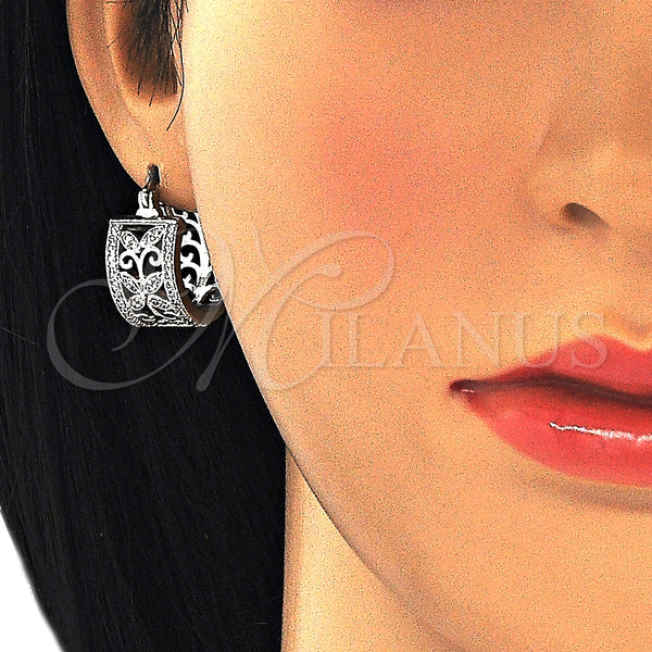 White Gold Filled Hoop Earrings — Small Hoop Flower and Leaf Design with White — alternate product view — SKU 127347 | Oro Laminado Blanco aretes de aro — Small Hoop flor and Leaf diseño with blanco — SKU 127347