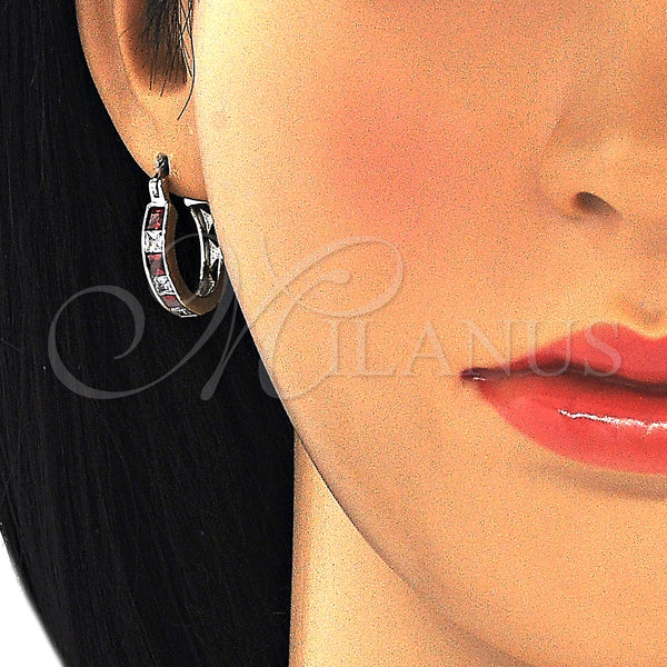 White Gold Filled Hoop Earrings — Small Hoop with Garnet and White Cubic Zirconia — alternate product view — SKU 127354 | Oro Laminado Blanco aretes de aro — Small Hoop with Garnet and blanco Cubic Zirconia — SKU 127354