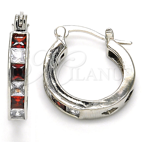 White Gold Filled Hoop Earrings — Small Hoop with Garnet and White Cubic Zirconia — main product view — SKU 127354 | Oro Laminado Blanco aretes de aro — Small Hoop with Garnet and blanco Cubic Zirconia — SKU 127354
