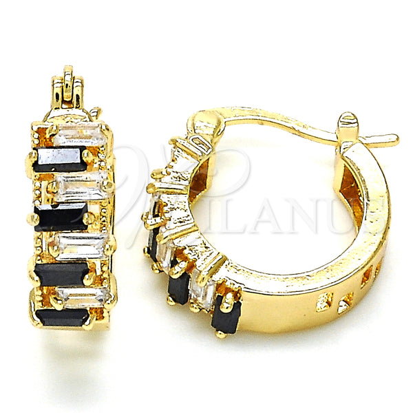Gold Filled Hoop Earrings — Small Hoop Baguette Design with Black and White — main product view — SKU 127361 | Oro Laminado aretes de aro — Small Hoop Baguette diseño with negro and blanco — SKU 127361