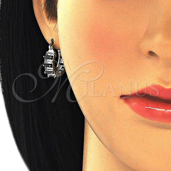 White Gold Filled Hoop Earrings — Small Hoop Baguette Design with Black and White — alternate product view — SKU 127363 | Oro Laminado Blanco aretes de aro — Small Hoop Baguette diseño with negro and blanco — SKU 127363
