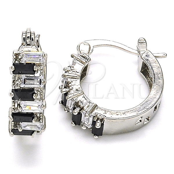 White Gold Filled Hoop Earrings — Small Hoop Baguette Design with Black and White — main product view — SKU 127363 | Oro Laminado Blanco aretes de aro — Small Hoop Baguette diseño with negro and blanco — SKU 127363