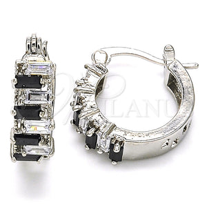 White Gold Filled Hoop Earrings — Small Hoop Baguette Design with Black and White — main product view — SKU 127363 | Oro Laminado Blanco aretes de aro — Small Hoop Baguette diseño with negro and blanco — SKU 127363