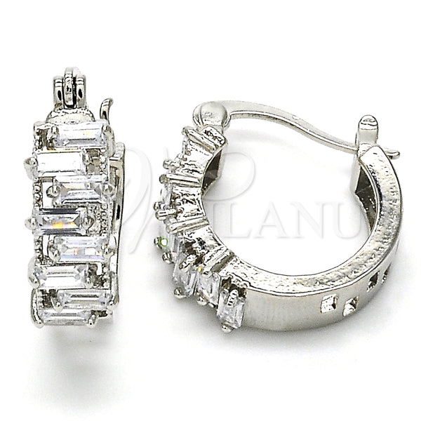 White Gold Filled Hoop Earrings — Small Hoop Baguette Design with White Cubic Zirconia — main product view — SKU 127364 | Oro Laminado Blanco aretes de aro — Small Hoop Baguette diseño with blanco Cubic Zirconia — SKU 127364