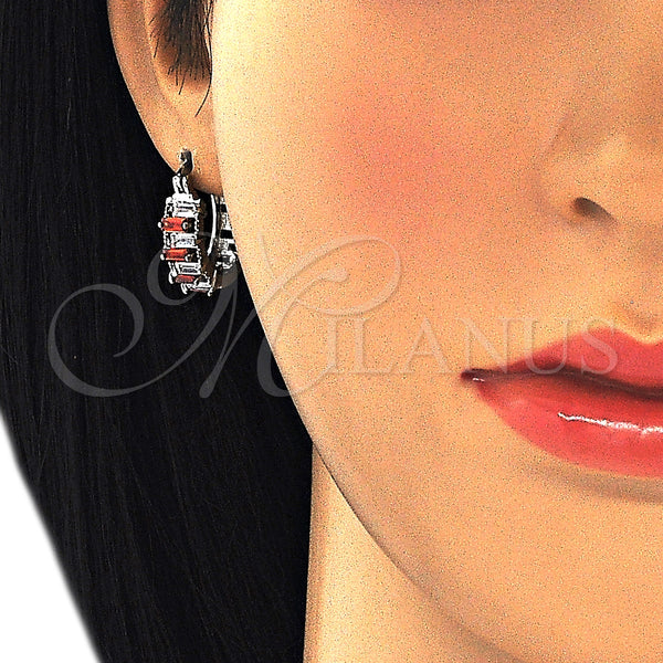 White Gold Filled Hoop Earrings — Small Hoop Baguette Design with Garnet and White — alternate product view — SKU 127365 | Oro Laminado Blanco aretes de aro — Small Hoop Baguette diseño with Garnet and blanco — SKU 127365