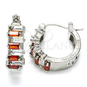 White Gold Filled Hoop Earrings — Small Hoop Baguette Design with Garnet and White — main product view — SKU 127365 | Oro Laminado Blanco aretes de aro — Small Hoop Baguette diseño with Garnet and blanco — SKU 127365