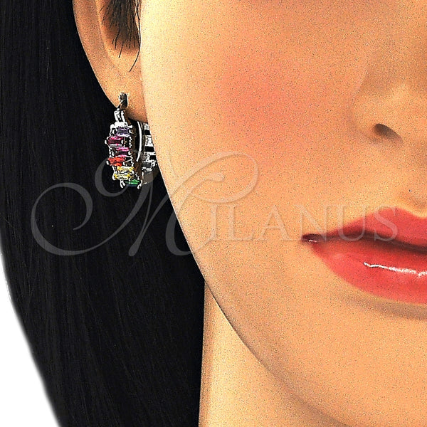 White Gold Filled Hoop Earrings — Small Hoop Baguette Design with Multicolor Cubic Zirconia — alternate product view — SKU 127367 | Oro Laminado Blanco aretes de aro — Small Hoop Baguette diseño with Multicolor Cubic Zirconia — SKU 127367