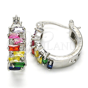 White Gold Filled Hoop Earrings — Small Hoop Baguette Design with Multicolor Cubic Zirconia — main product view — SKU 127367 | Oro Laminado Blanco aretes de aro — Small Hoop Baguette diseño with Multicolor Cubic Zirconia — SKU 127367