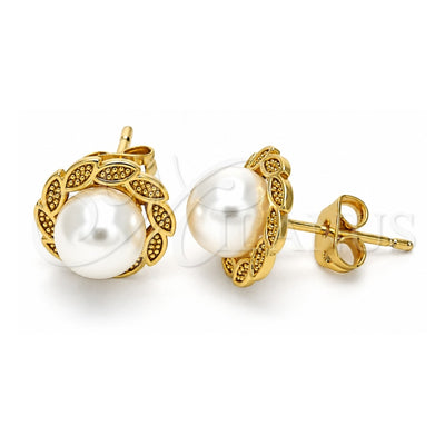 Oro Laminado Stud Earring, Gold Filled Style Ball Design, with Ivory Pearl, Polished, Golden Finish, 02.342.0006