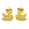 Oro Laminado Stud Earring, Gold Filled Style Swan Design, with White Micro Pave, Polished, Golden Finish, 02.342.0012