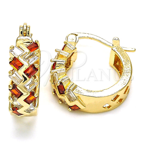 Oro Laminado Small Hoop, Gold Filled Style Baguette Design, with Garnet and White Cubic Zirconia, Polished, Golden Finish, 02.210.0296.1.15
