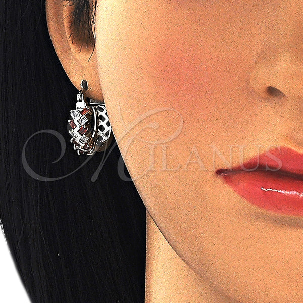 White Gold Filled Hoop Earrings — Small Hoop Baguette Design with Garnet and White — alternate product view — SKU 127440 | Oro Laminado Blanco aretes de aro — Small Hoop Baguette diseño with Garnet and blanco — SKU 127440