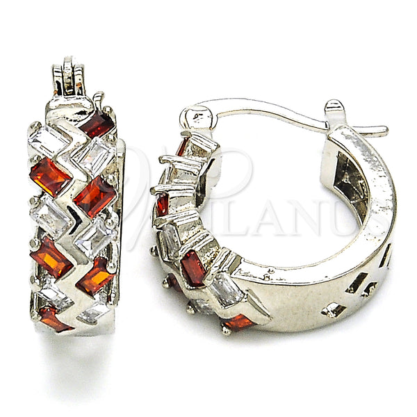 White Gold Filled Hoop Earrings — Small Hoop Baguette Design with Garnet and White — main product view — SKU 127440 | Oro Laminado Blanco aretes de aro — Small Hoop Baguette diseño with Garnet and blanco — SKU 127440