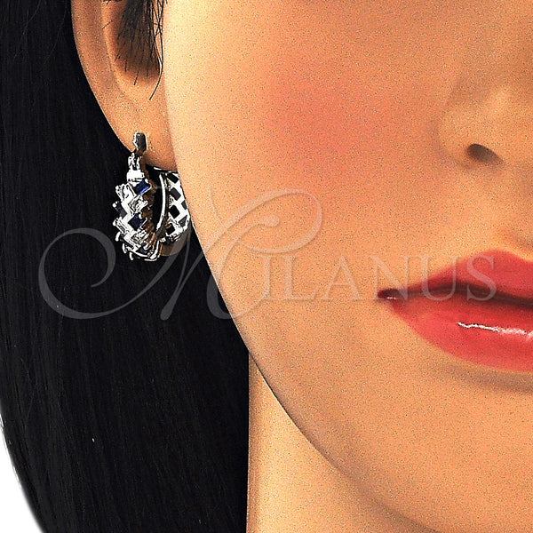 White Gold Filled Hoop Earrings — Small Hoop Baguette Design with Sapphire Blue and — alternate product view — SKU 127441 | Oro Laminado Blanco aretes de aro — Small Hoop Baguette diseño with Sapphire Blue and — SKU 127441