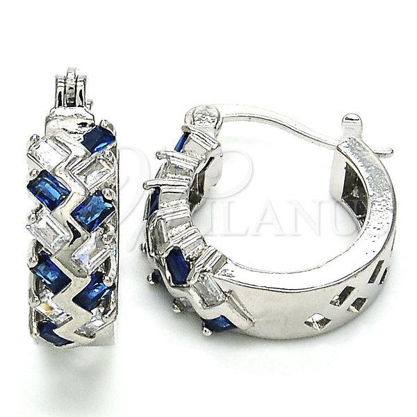 White Gold Filled Hoop Earrings — Small Hoop Baguette Design with Sapphire Blue and — main product view — SKU 127441 | Oro Laminado Blanco aretes de aro — Small Hoop Baguette diseño with Sapphire Blue and — SKU 127441
