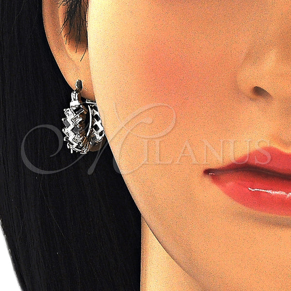 White Gold Filled Hoop Earrings — Small Hoop Baguette Design with Black and White — alternate product view — SKU 127442 | Oro Laminado Blanco aretes de aro — Small Hoop Baguette diseño with negro and blanco — SKU 127442