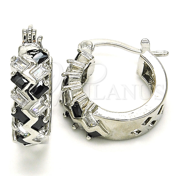 White Gold Filled Hoop Earrings — Small Hoop Baguette Design with Black and White — main product view — SKU 127442 | Oro Laminado Blanco aretes de aro — Small Hoop Baguette diseño with negro and blanco — SKU 127442