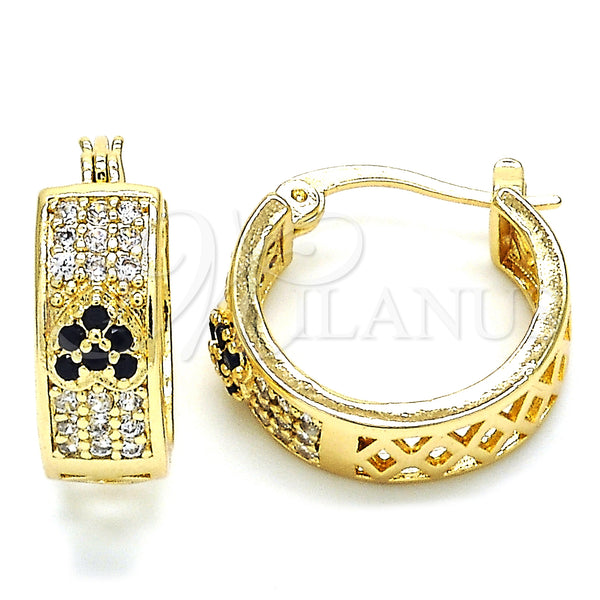 Gold Filled Hoop Earrings — Small Hoop Heart Design with Black and White — main product view — SKU 127446 | Oro Laminado aretes de aro — Small Hoop corazón diseño with negro and blanco — SKU 127446
