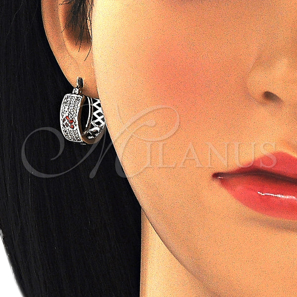White Gold Filled Hoop Earrings — Small Hoop Heart Design with Garnet and White — alternate product view — SKU 127449 | Oro Laminado Blanco aretes de aro — Small Hoop corazón diseño with Garnet and blanco — SKU 127449