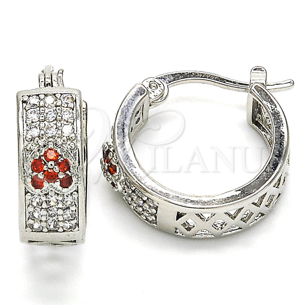 White Gold Filled Hoop Earrings — Small Hoop Heart Design with Garnet and White — main product view — SKU 127449 | Oro Laminado Blanco aretes de aro — Small Hoop corazón diseño with Garnet and blanco — SKU 127449