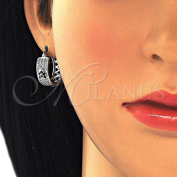 White Gold Filled Hoop Earrings — Small Hoop Heart Design with Black and White — alternate product view — SKU 127450 | Oro Laminado Blanco aretes de aro — Small Hoop corazón diseño with negro and blanco — SKU 127450