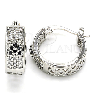 White Gold Filled Hoop Earrings — Small Hoop Heart Design with Black and White — main product view — SKU 127450 | Oro Laminado Blanco aretes de aro — Small Hoop corazón diseño with negro and blanco — SKU 127450