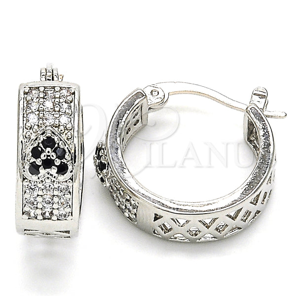White Gold Filled Hoop Earrings — Small Hoop Heart Design with Black and White — main product view — SKU 127450 | Oro Laminado Blanco aretes de aro — Small Hoop corazón diseño with negro and blanco — SKU 127450