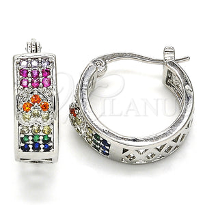 White Gold Filled Hoop Earrings — Small Hoop Heart Design with Multicolor Cubic Zirconia — main product view — SKU 127451 | Oro Laminado Blanco aretes de aro — Small Hoop corazón diseño with Multicolor Cubic Zirconia — SKU 127451