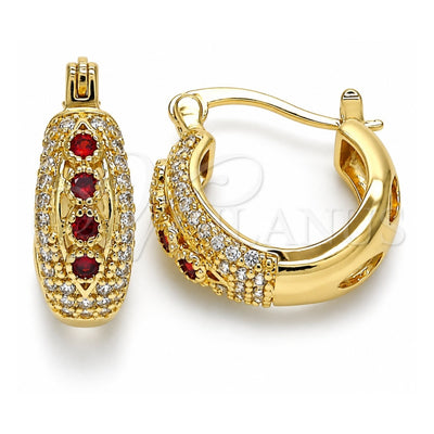 Oro Laminado Small Hoop, Gold Filled Style with Garnet and White Cubic Zirconia, Polished, Golden Finish, 02.210.0298.1.15
