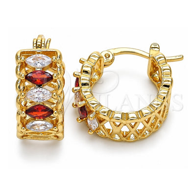 Oro Laminado Small Hoop, Gold Filled Style with Garnet and White Cubic Zirconia, Polished, Golden Finish, 02.210.0299.1.20