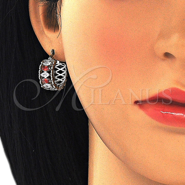 White Gold Filled Hoop Earrings — Small Hoop with Garnet and White Cubic Zirconia — alternate product view — SKU 127468 | Oro Laminado Blanco aretes de aro — Small Hoop with Garnet and blanco Cubic Zirconia — SKU 127468