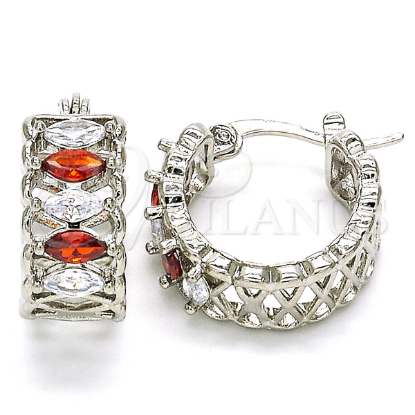White Gold Filled Hoop Earrings — Small Hoop with Garnet and White Cubic Zirconia — main product view — SKU 127468 | Oro Laminado Blanco aretes de aro — Small Hoop with Garnet and blanco Cubic Zirconia — SKU 127468