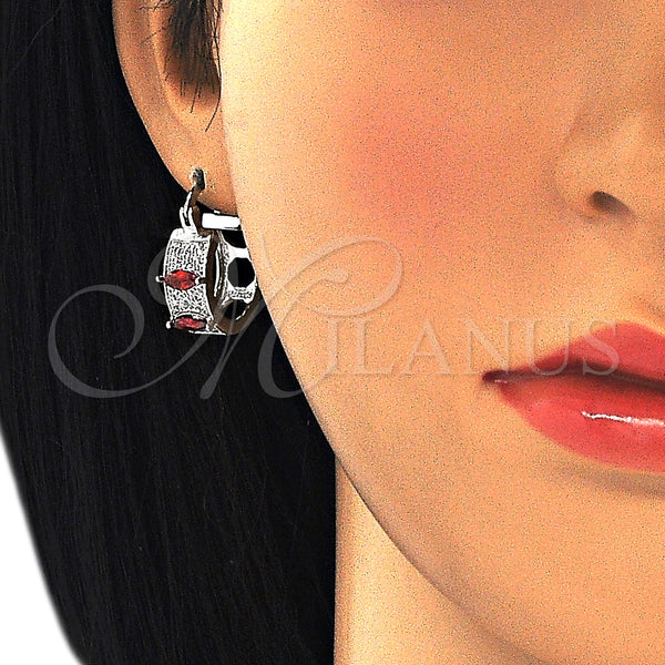 White Gold Filled Hoop Earrings — Small Hoop with Garnet and White Cubic Zirconia — alternate product view — SKU 127486 | Oro Laminado Blanco aretes de aro — Small Hoop with Garnet and blanco Cubic Zirconia — SKU 127486