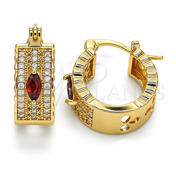 Oro Laminado Small Hoop, Gold Filled Style with Garnet and White Cubic Zirconia, Polished, Golden Finish, 02.210.0302.1.20