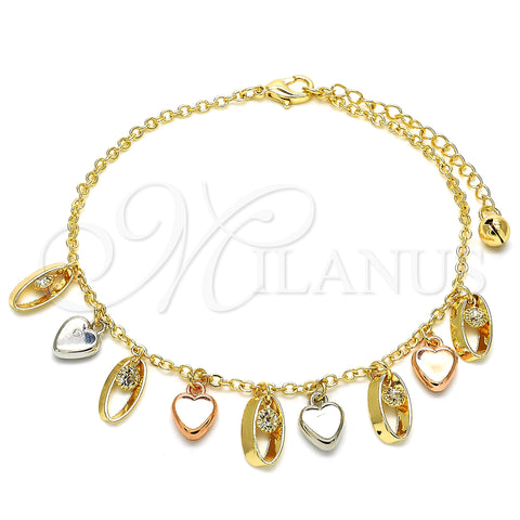 Oro Laminado Charm Anklet , Gold Filled Style Heart Design, with White Crystal, Polished, Tricolor, 03.331.0023.10 (02 MM Thickness, 10 Inches Length)