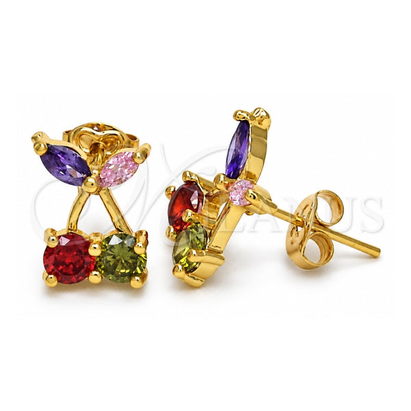Oro Laminado Stud Earring, Gold Filled Style Cherry Design, with Multicolor Cubic Zirconia, Polished, Golden Finish, 02.345.0005