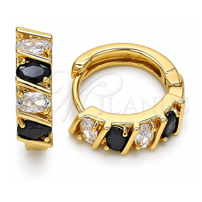 Oro Laminado Huggie Hoop, Gold Filled Style with Black and White Cubic Zirconia, Polished, Golden Finish, 02.210.0025.4.15