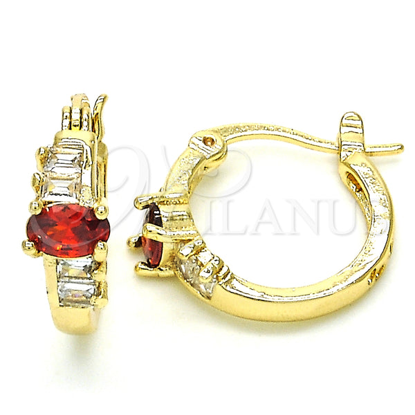 Gold Filled Hoop Earrings — Small Hoop Baguette Design with Garnet and White — main product view — SKU 127611 | Oro Laminado aretes de aro — Small Hoop Baguette diseño with Garnet and blanco — SKU 127611