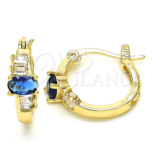 Gold Filled Hoop Earrings — Small Hoop Baguette Design with Sapphire Blue and — main product view — SKU 127612 | Oro Laminado aretes de aro — Small Hoop Baguette diseño with Sapphire Blue and — SKU 127612