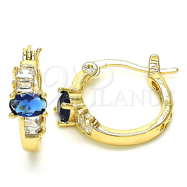 Gold Filled Hoop Earrings — Small Hoop Baguette Design with Sapphire Blue and — main product view — SKU 127612 | Oro Laminado aretes de aro — Small Hoop Baguette diseño with Sapphire Blue and — SKU 127612