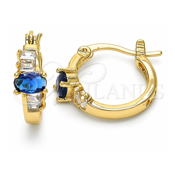 Oro Laminado Small Hoop, Gold Filled Style Baguette Design, with Sapphire Blue and White Cubic Zirconia, Polished, Golden Finish, 02.210.0303.2.15