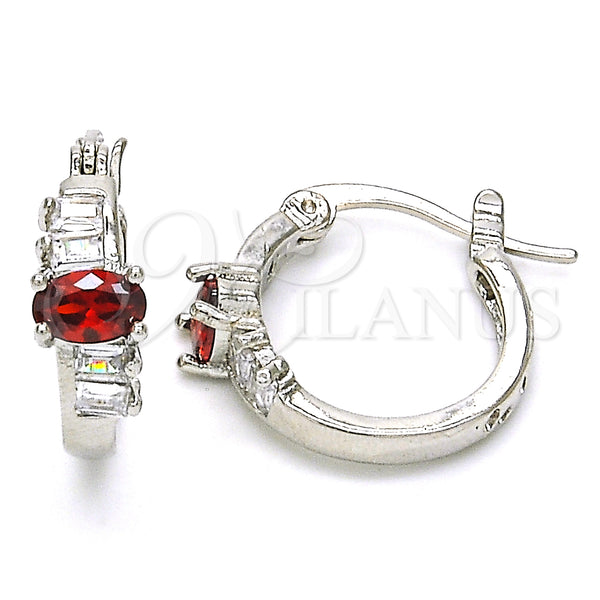 White Gold Filled Hoop Earrings — Small Hoop with Garnet and White Cubic Zirconia — main product view — SKU 127616 | Oro Laminado Blanco aretes de aro — Small Hoop with Garnet and blanco Cubic Zirconia — SKU 127616