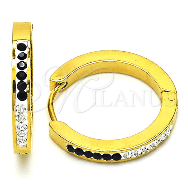 Stainless Steel Hoop Earrings — Huggie Hoop with Black and White Crystal Polished — main product view — SKU 127674 | Acero Inoxidable aretes de aro — Huggie Hoop with negro and cristal blanco pulido — SKU 127674