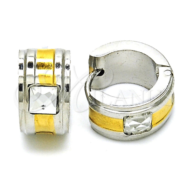 Stainless Steel Hoop Earrings — Huggie Hoop with White Crystal Polished Two Tone — main product view — SKU 127689 | Acero Inoxidable aretes de aro — Huggie Hoop with cristal blanco pulido Two Tone — SKU 127689