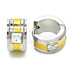 Stainless Steel Hoop Earrings — Huggie Hoop with White Crystal Polished Two Tone — main product view — SKU 127689 | Acero Inoxidable aretes de aro — Huggie Hoop with cristal blanco pulido Two Tone — SKU 127689