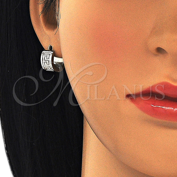 Stainless Steel Hoop Earrings — Huggie Hoop Greek Key Design Polished 02. — alternate product view — SKU 127701 | Acero Inoxidable aretes de aro — Huggie Hoop Greek Key diseño pulido 02. — SKU 127701