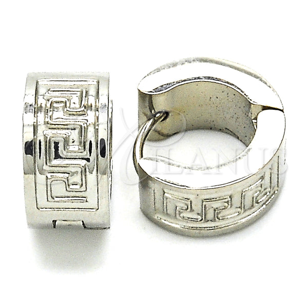 Stainless Steel Hoop Earrings — Huggie Hoop Greek Key Design Polished 02. — main product view — SKU 127701 | Acero Inoxidable aretes de aro — Huggie Hoop Greek Key diseño pulido 02. — SKU 127701