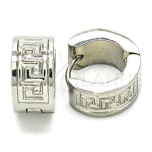 Stainless Steel Hoop Earrings — Huggie Hoop Greek Key Design Polished 02. — main product view — SKU 127701 | Acero Inoxidable aretes de aro — Huggie Hoop Greek Key diseño pulido 02. — SKU 127701