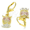 Oro Laminado Dangle Earring, Gold Filled Style Owl Design, Polished, Tricolor, 02.351.0004