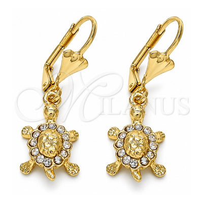 Oro Laminado Dangle Earring, Gold Filled Style Turtle Design, with White Crystal, Polished, Golden Finish, 02.351.0007